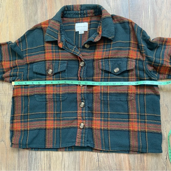 American Eagle Orange and Green Cropped Plaid Shirt - Picture 10 of 13